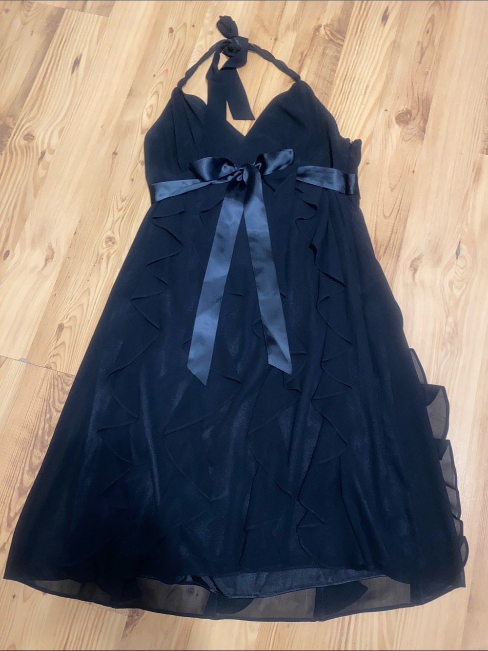 Eliza J Black Halter Satin-Ribbon Midi Dress